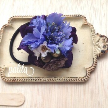 purple blue flower ヘアゴムの画像