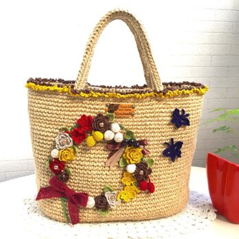 秋色リースの麻ひもバッグ