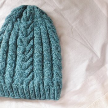 ☆再販　受注制作　アルパカウールのニットキャップ　アラン・グリーン