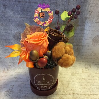 オレンジ×ブラウン バラと綿の実のハロウィンアレンジ