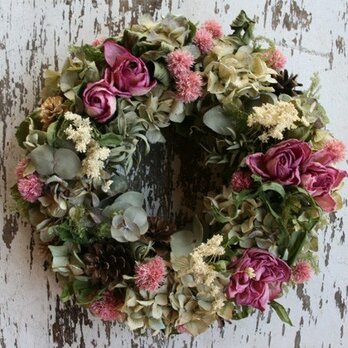 バラと紫陽花のリース