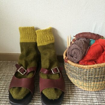 手編みの靴下　グラスグリーン×からし