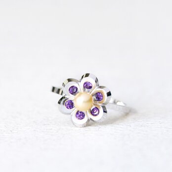 紫 花 ＆ 真珠 リング 指輪 シルバー925の画像