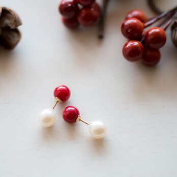 2way red berries 赤い実ピアス コーラル