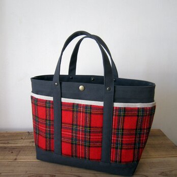 「wool tote」M　ダークブラウン×ロイヤルスチュアートの画像