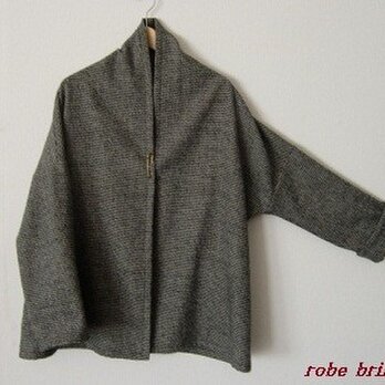 <再販>ウールリネン　ショールカラー羽織もの　黒×生成千鳥