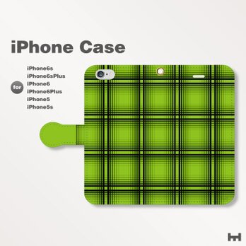 iPhone7/7Plus/SE/6s/6sPlus他　スマホケース　手帳型　チェック-ビビッド　グリーン緑0504の画像