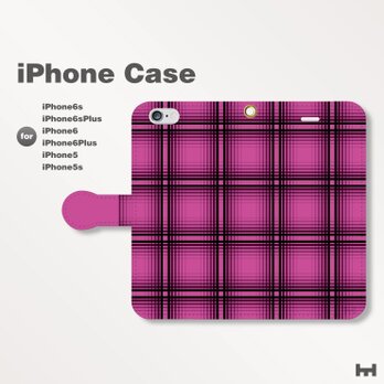 iPhone7/7Plus/SE/6s/6sPlus他　スマホケース　手帳型　チェック-ビビッド　パープル紫0505の画像