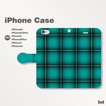 iPhone7/7Plus/SE/6s/6sPlus他　スマホケース　手帳型　チェック-ビビッド　青緑　05-06の画像