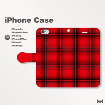iPhone7/7Plus/SE/6s/6sPlus他　スマホケース　手帳型　チェック-ビビッド　レッド赤　0507の画像