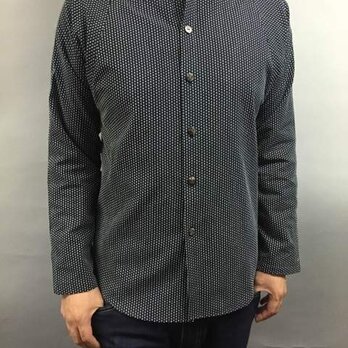 長袖縞刺子シャツ（スタンドカラー）の画像