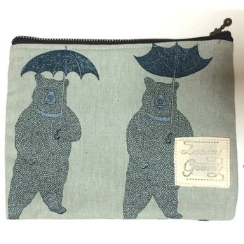 傘とクマのぺたんこポーチ：ブルーグレーの画像