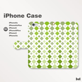 iPhone7/7Plus/SE/6s/6sPlus他　スマホケース　手帳型　北欧-四角-菱　グリーン　緑　1504の画像