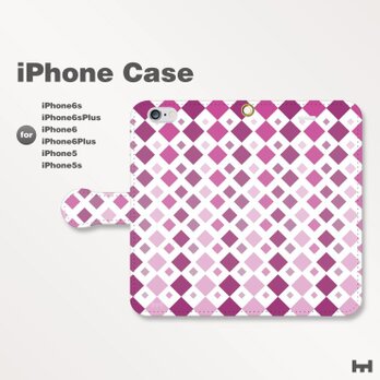 iPhone7/7Plus/SE/6s/6sPlus他　スマホケース　手帳型　北欧-四角-菱　パープル　紫　1505の画像