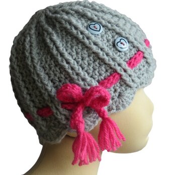 うね編みキュートなお花子供帽子（46cm）の画像