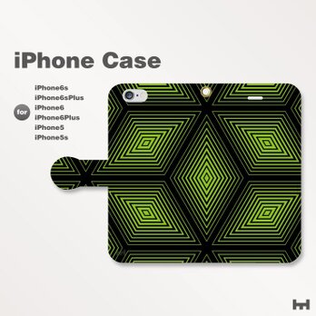 iPhone7/7Plus/SE/6s/6sPlus他　スマホケース手帳型　北欧-和柄-亀甲-幾何学　グリーン緑2204の画像