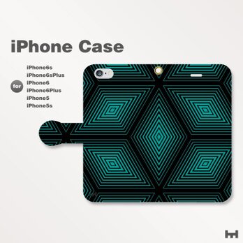 iPhone7/7Plus/SE/6s/6sPlus他　スマホケース手帳型　北欧-和柄-亀甲-幾何学　青緑　2206の画像