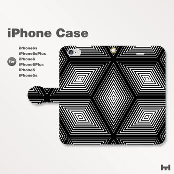 iPhone7/7Plus/SE/6s/6sPlus他　スマホケース手帳型　北欧-和柄-亀甲-幾何学　モノトーン2208の画像