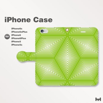 iPhone7/7Plus/SE/6s/6sPlus他　スマホケース手帳型　北欧-和柄-亀甲-幾何学　グリーン緑2304の画像