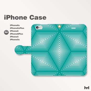 iPhone7/7Plus/SE/6s/6sPlus他　スマホケース手帳型　北欧-和柄-亀甲-幾何学　青緑　23-06の画像