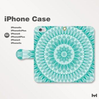 iPhone7/7Plus/SE/6s/6sPlus他　スマホケース　手帳型　北欧-花-フラワー　青緑　24-06の画像