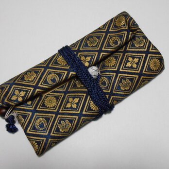 道中財布　デニム濃紺（一部ブリーチ加工）地製　家紋菱　金の画像
