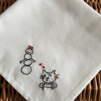 ハンカチ 猫のクリスマス刺しゅう(スノーマン)の画像