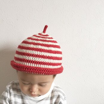 メリノウール100%ロールどんぐり帽子(赤×白)M