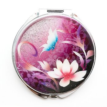 ジュエリーボックス ピルケース 機能付き コンパクトミラー 蓮と蝶 ピンク紫 銀箔の画像