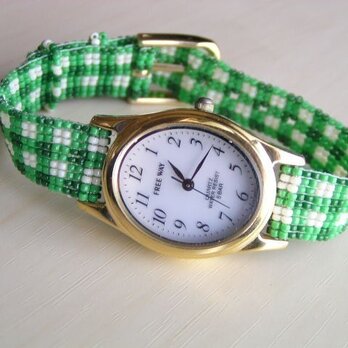ビーズ織の時計ベルト(12mm)ギンガムチェック柄　ベルトのみ　の画像