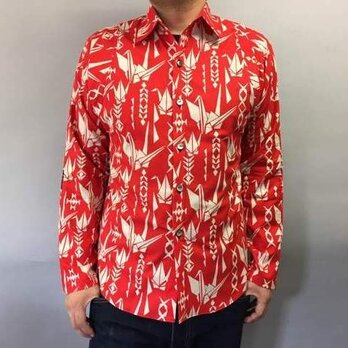 長袖和柄シャツ（折鶴模様）朱赤の画像