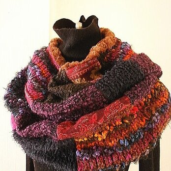 *SOLD 絵画なパッチ スヌード プラム パープル ニット + ファー