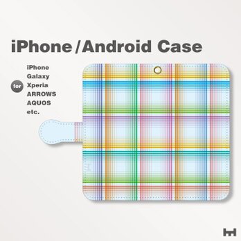 iPhone7/7Plus/Android全機種対応　スマホケース　手帳型　チェック-パステル　ブルー-青　0401の画像