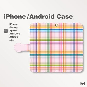 iPhone7/7Plus/Android全機種対応　スマホケース　手帳型　チェック-パステル　ピンク-桃　0403の画像