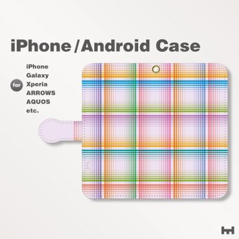 iPhone7/7Plus/Android全機種対応　スマホケース　手帳型　チェック-パステル　パープル-紫　0406の画像