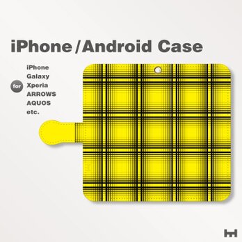 iPhone7/7Plus/Android全機種対応　スマホケース　手帳型　チェック-ビビッド　イエロー-黄　0502の画像