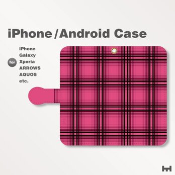 iPhone7/7Plus/Android全機種対応　スマホケース　手帳型　チェック-ビビッド　ピンク-桃　0503の画像