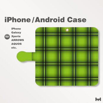 iPhone7/7Plus/Android全機種対応　スマホケース　手帳型　チェック-ビビッド　グリーン-緑　0504の画像