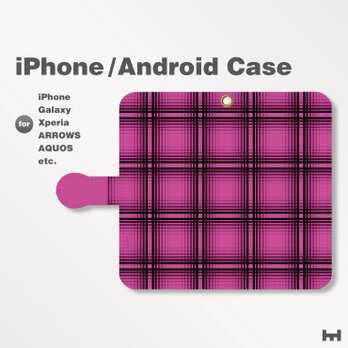 iPhone7/7Plus/Android全機種対応　スマホケース　手帳型　チェック-ビビッド　パープル-紫　0505の画像