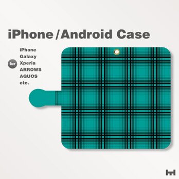 iPhone7/7Plus/Android全機種対応　スマホケース　手帳型　チェック-ビビッド　青緑　0506の画像