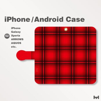 iPhone7/7Plus/Android全機種対応　スマホケース　手帳型　チェック-ビビッド　レッド-赤　0507の画像