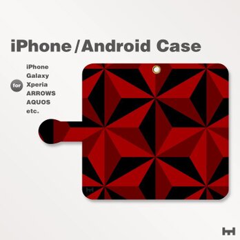 iPhone7/7Plus/Android全機種対応　スマホケース　手帳型　北欧風-和柄-三角-麻の葉　レッド-赤　1304の画像