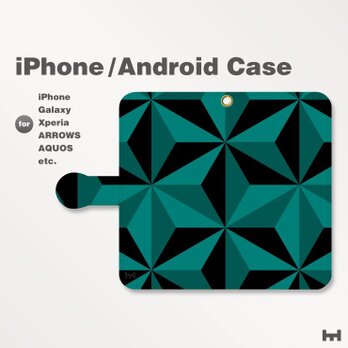 iPhone7/7Plus/Android全機種対応　スマホケース　手帳型　北欧風-和柄-三角-麻の葉　青緑　1306の画像