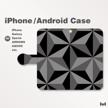 iPhone7/7Plus/Android全機種対応　スマホケース　手帳型　北欧風-和柄-三角-麻の葉　モノトーン白黒B1308の画像