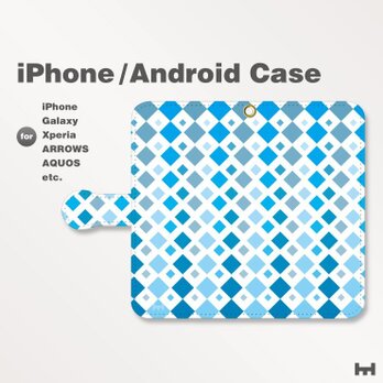 iPhone7/7Plus/Android全機種対応　スマホケース　手帳型　北欧風-四角-菱-ダイヤ　ブルー-青　1501の画像