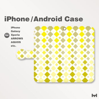 iPhone7/7Plus/Android全機種対応　スマホケース　手帳型　北欧風-四角-菱-ダイヤ　イエロー-黄　1502の画像