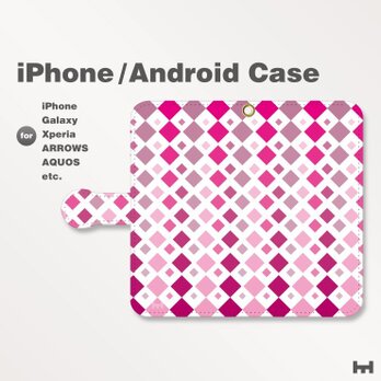 iPhone7/7Plus/Android全機種対応　スマホケース　手帳型　北欧風-四角-菱-ダイヤ　ピンク-桃　1503の画像