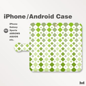 iPhone7/7Plus/Android全機種対応　スマホケース　手帳型　北欧風-四角-菱-ダイヤ　グリーン-緑　1504の画像