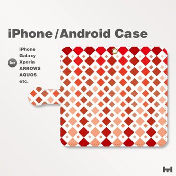 iPhone7/7Plus/Android全機種対応　スマホケース　手帳型　北欧風-四角-菱-ダイヤ　レッド-赤　1507の画像