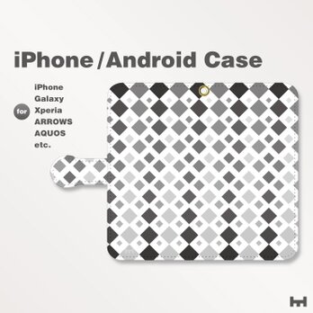 iPhone7/7Plus/Android全機種対応　スマホケース　手帳型　北欧風-四角-菱-ダイヤ　モノトーン-白黒　1508の画像